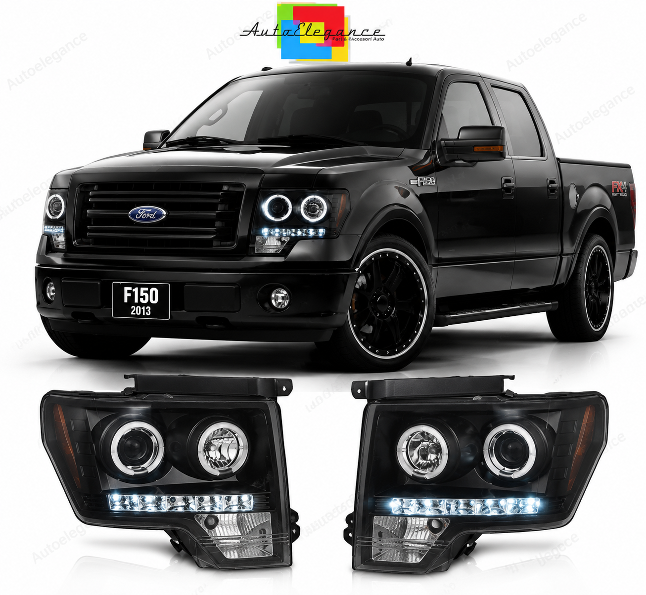 💕 Fari Anteriori Adatto per Ford F150 MK12 2008-2014 Angel Eyes LED Neri 💕