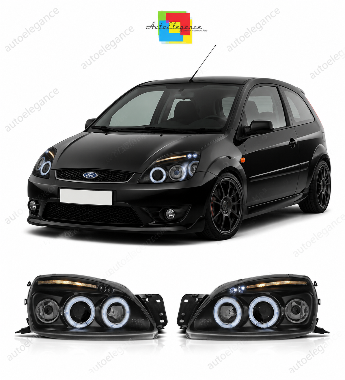 💕 Fari Anteriori Adatto per Ford Fiesta MK5 99-02 Angel Eyes Neri 💕