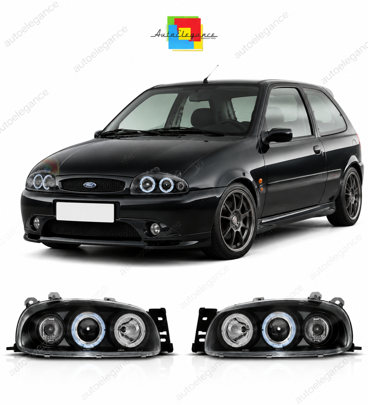 💕 Fari Anteriori Adatto per Ford Fiesta MK4 95-99 Angel Eyes Neri 💕