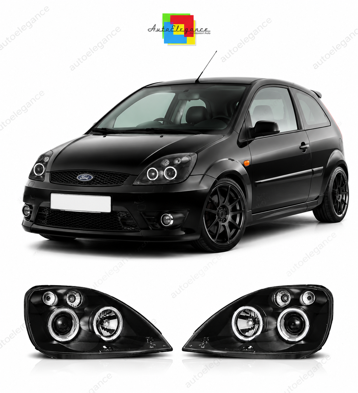 💕 Fari Anteriori Adatto per Ford Fiesta MK6 02-05 Angel Eyes Neri 💕