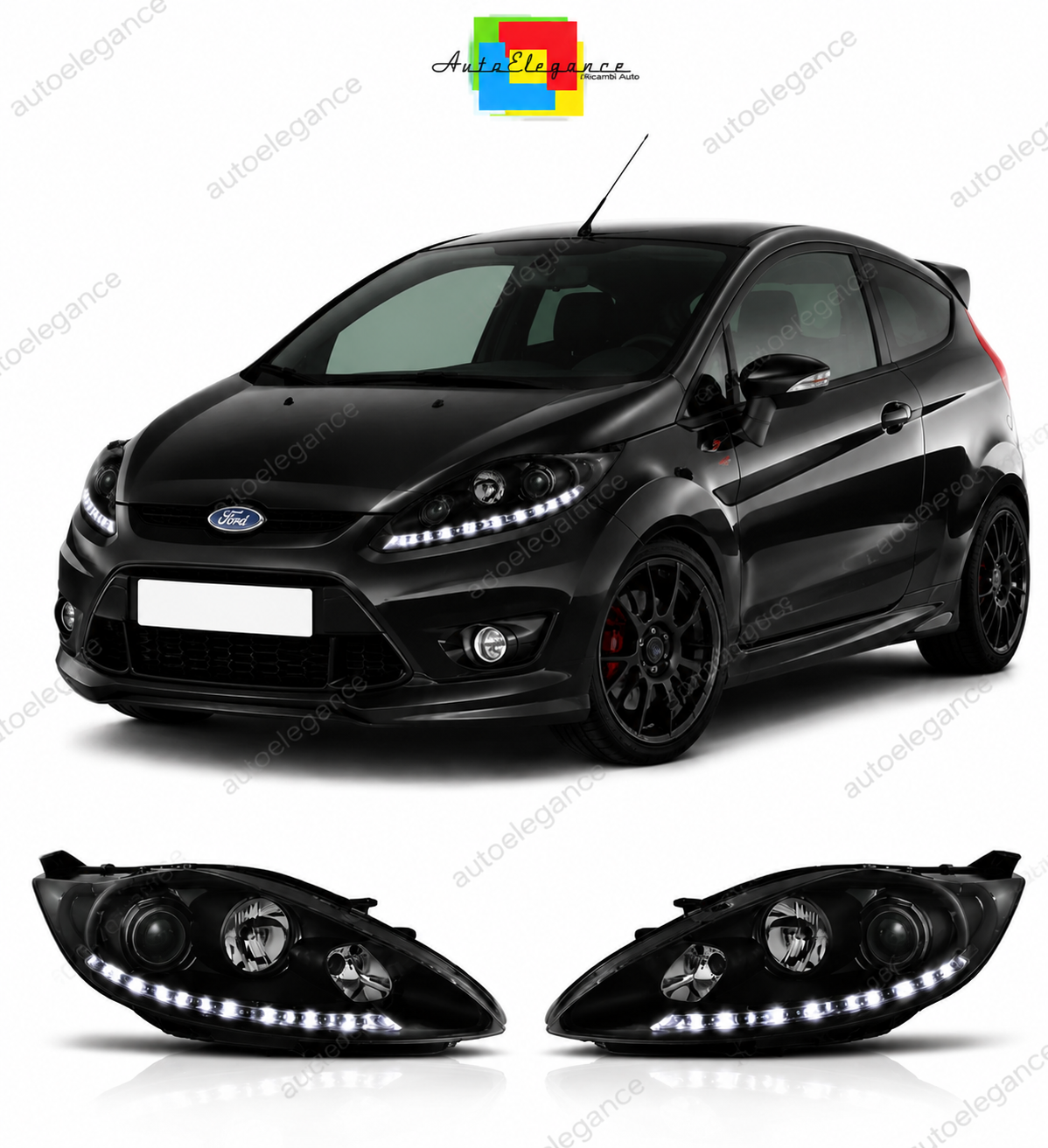 💕 Fari Anteriori Adatto per Ford Fiesta MK7 08-12 LED Neri 💕