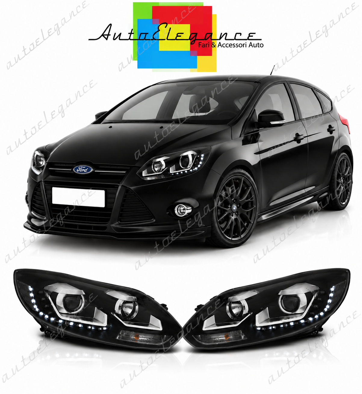 💕 Fari Anteriori Adatto per Ford Focus MK3 11-14 LED Neri 💕