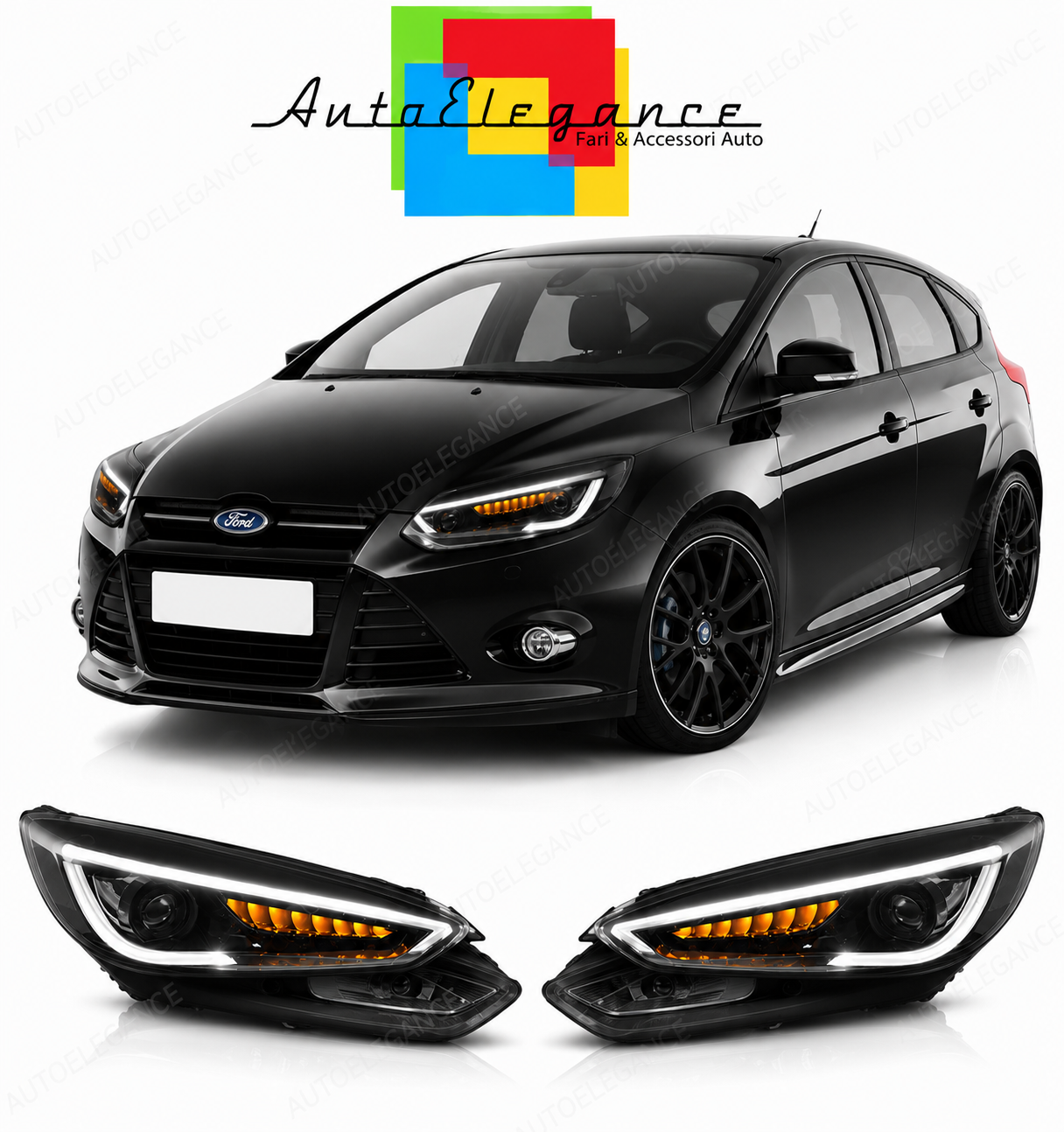 💕 Fari Anteriori Adatto per Ford Focus MK3 14-18 LED DRL Neri 💕