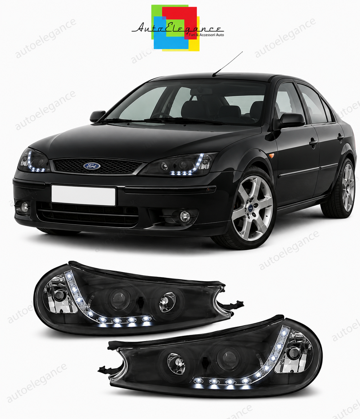 💕 Fari Anteriori Adatto per Ford Mondeo 96-00 LED Daylight Neri 💕