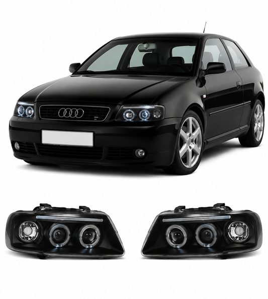 💕 Fari Anteriori Adatto per Audi A3 8L 1996-2000 Angel Eyes Nero 💕