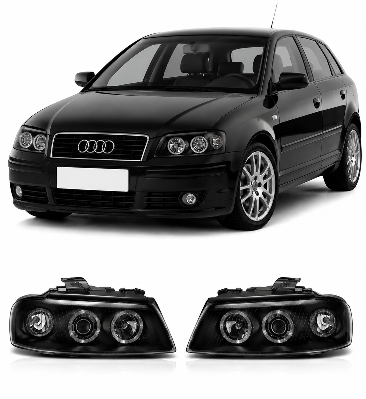 💕 Fari Anteriori Adatto per Audi A3 8P 2003-2008 Angel Eyes Nero 💕
