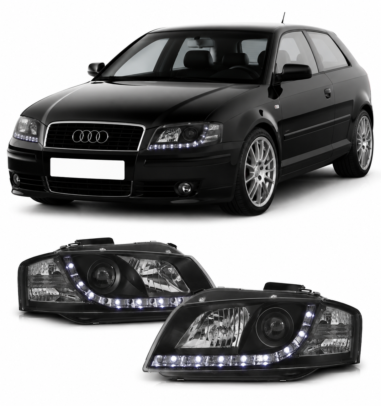 💕 Fari Anteriori Adatto per Audi A3 8P 2003-2008 Daylight Nero 💕