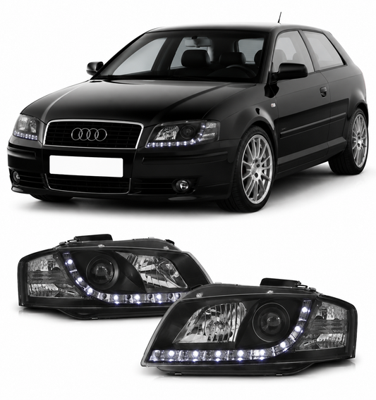 💕 Fari Anteriori Adatto per Audi A3 8P 2003-2008 Daylight Nero 💕