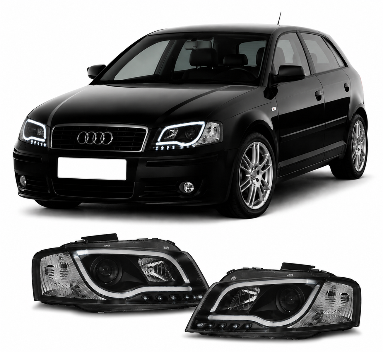 💕 Fari Anteriori Adatto per Audi A3 8P 2003-2008 Tube Light Nero 💕