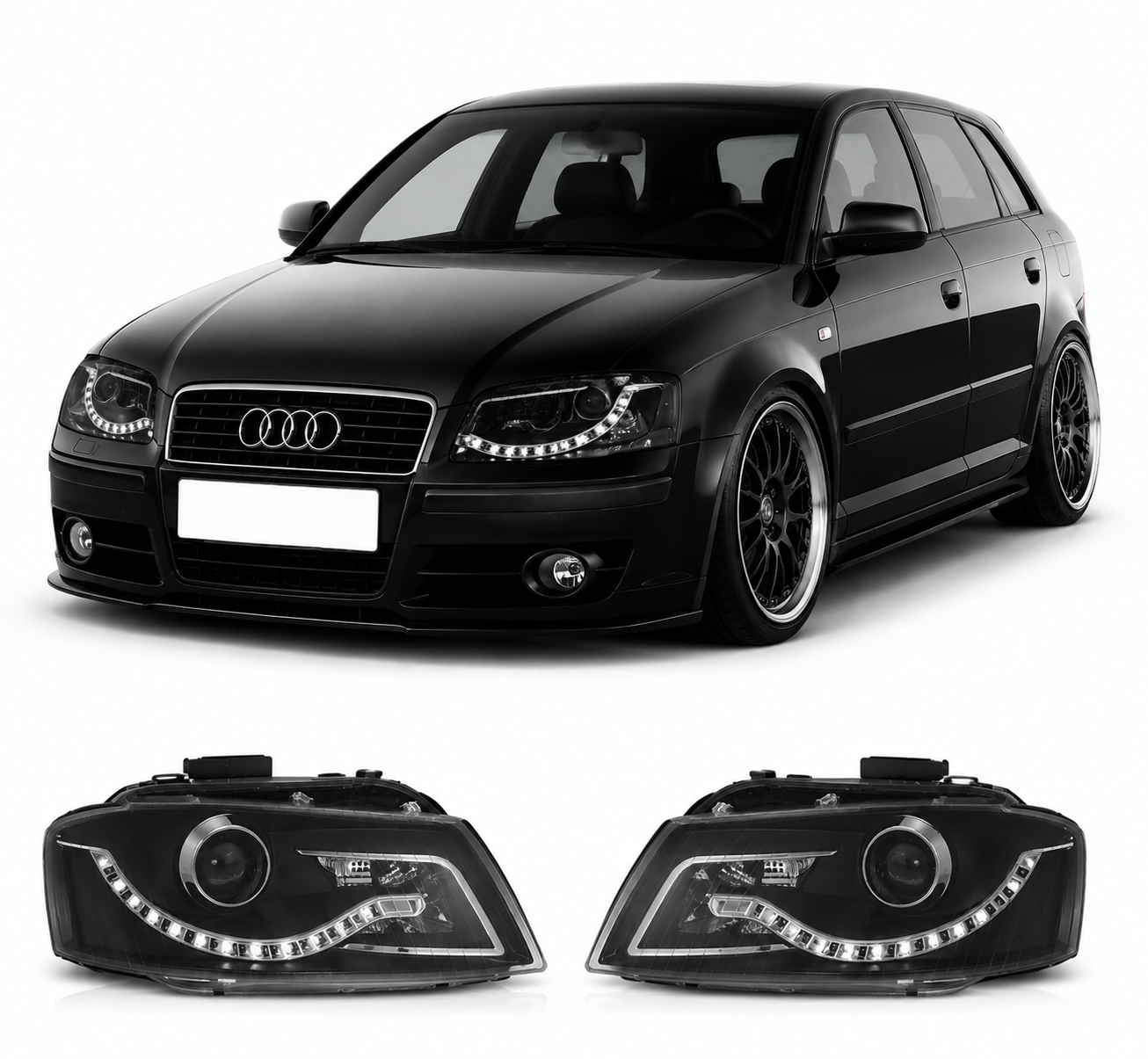 💕 Fari Anteriori Adatto per Audi A3 8P 2003-2008 Daylight Nero 💕
