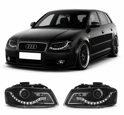 💕 Fari Anteriori Adatto per Audi A3 8P 2003-2008 Daylight Nero 💕