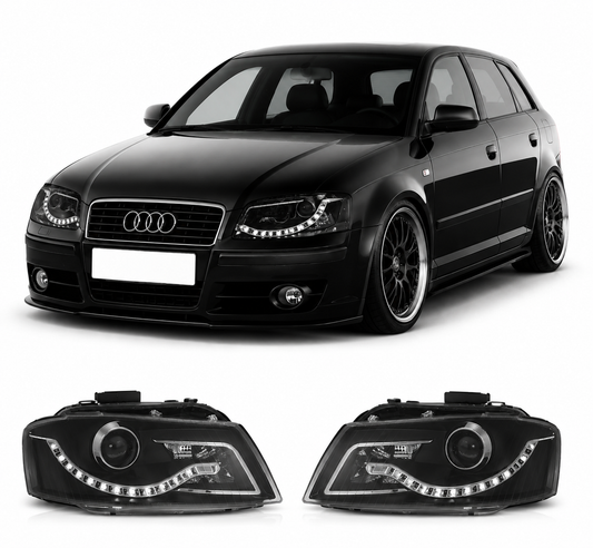 💕 Fari Anteriori Adatto per Audi A3 8P 2003-2008 Daylight Nero 💕