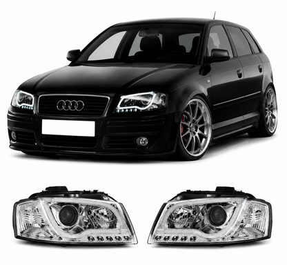 💕 Fari Anteriori Adatto per Audi A3 8P 2003-2008 Tube Light Cromato 💕