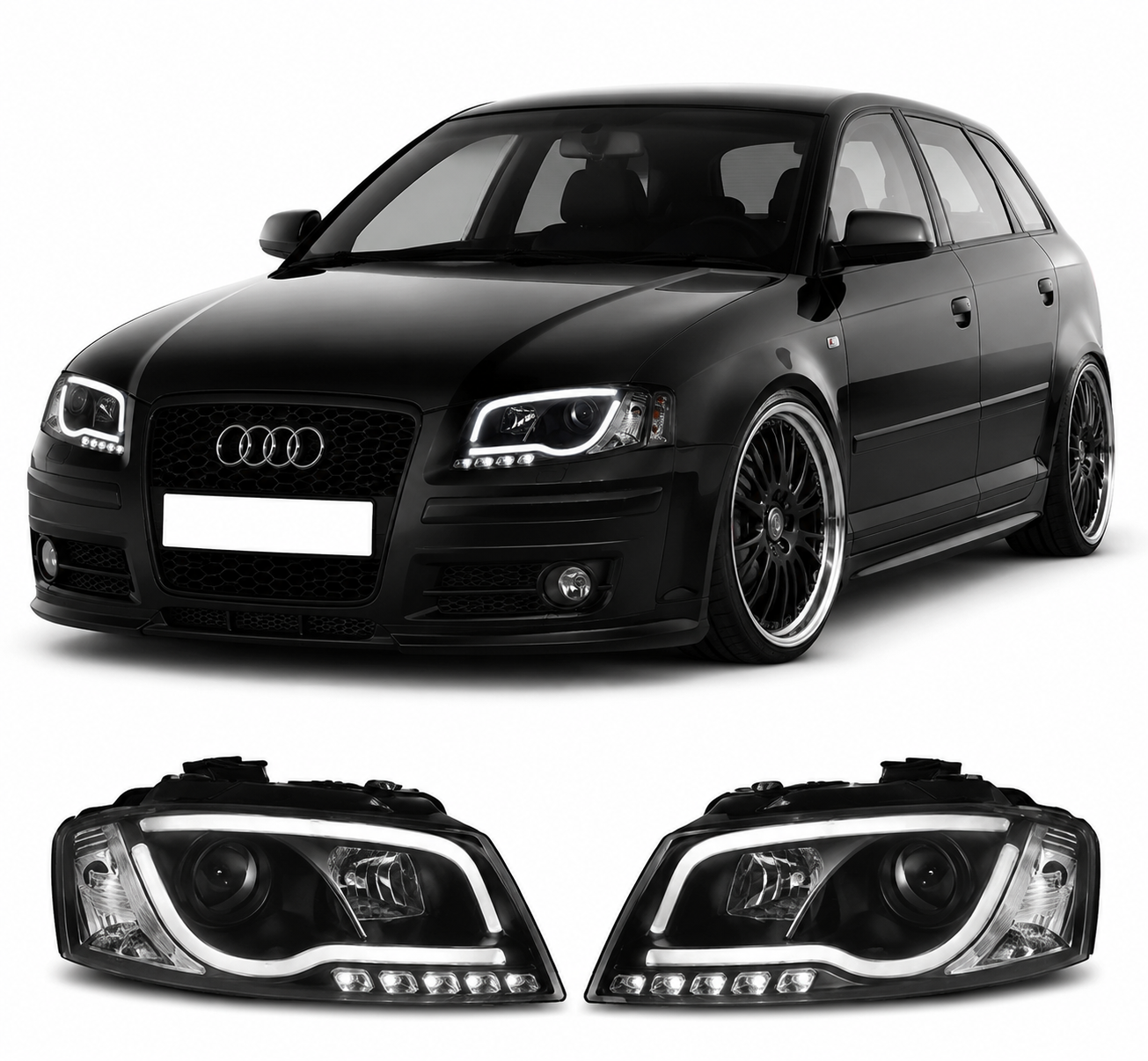 💕 Fari Anteriori Adatto per Audi A3 8P 2008-2012 Tube Light DRL Nero 💕