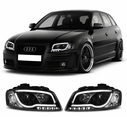 💕 Fari Anteriori Adatto per Audi A3 8P 2008-2012 Tube Light DRL Nero 💕