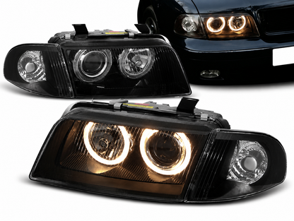 💕 Fari Anteriori Adatto per Audi A4 B5 1994-1998 Angel Eyes Nero 💕
