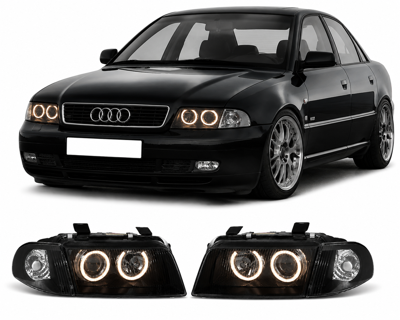 💕 Fari Anteriori Adatto per Audi A4 B5 1994-1998 Angel Eyes Nero 💕