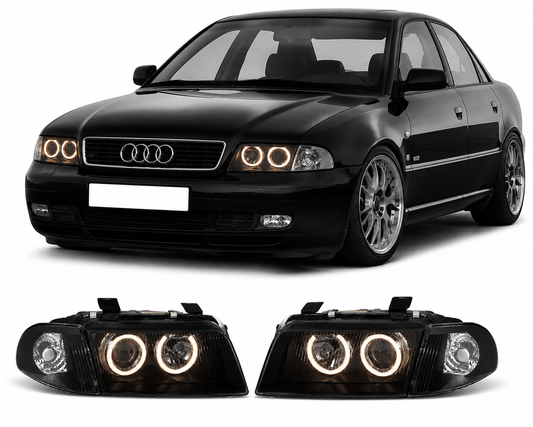 💕 Fari Anteriori Adatto per Audi A4 B5 1994-1998 Angel Eyes Nero 💕