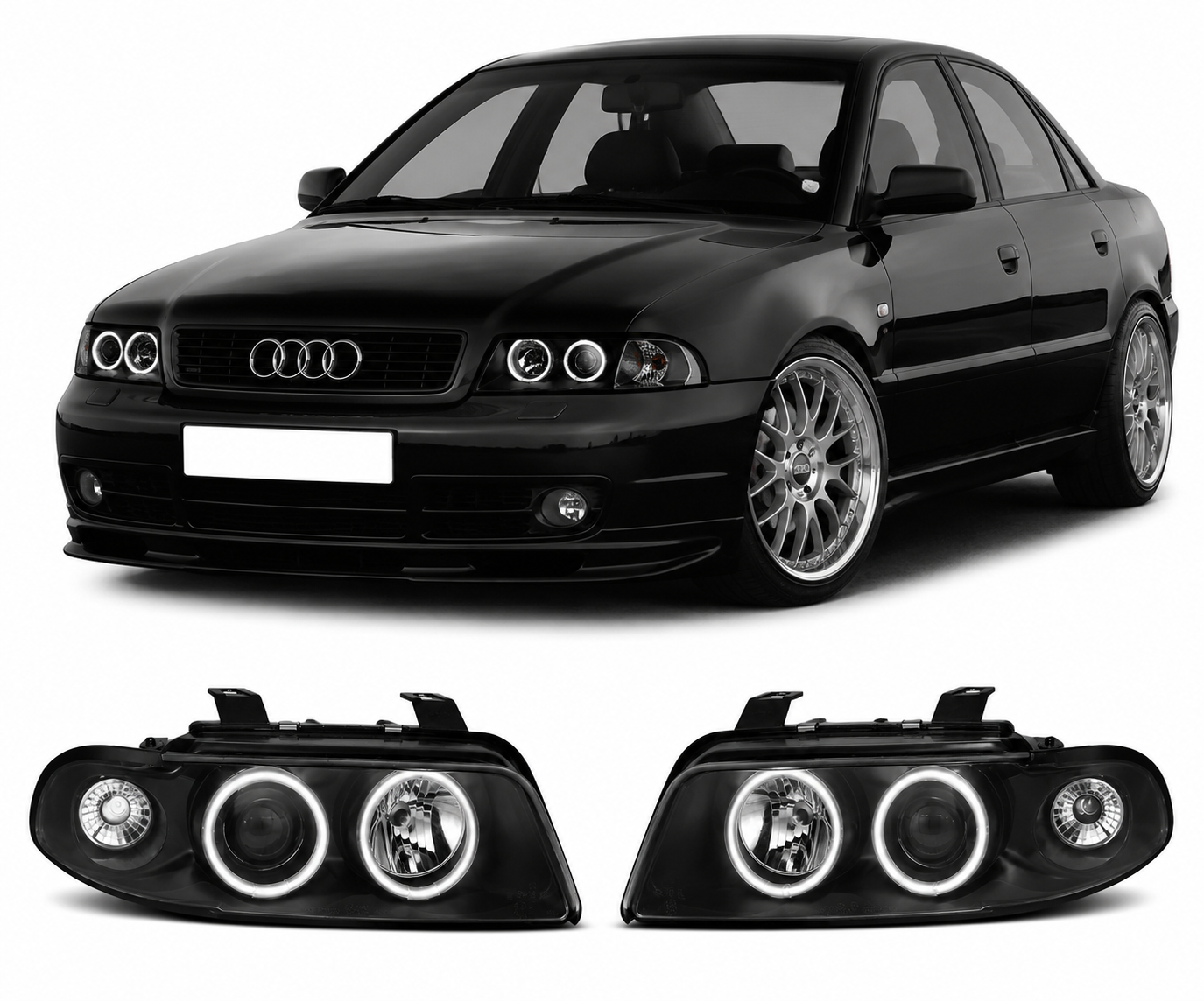 💕 Fari Anteriori Adatto per Audi A4 B5 1994-1998 Angel Eyes CCFL Nero 💕