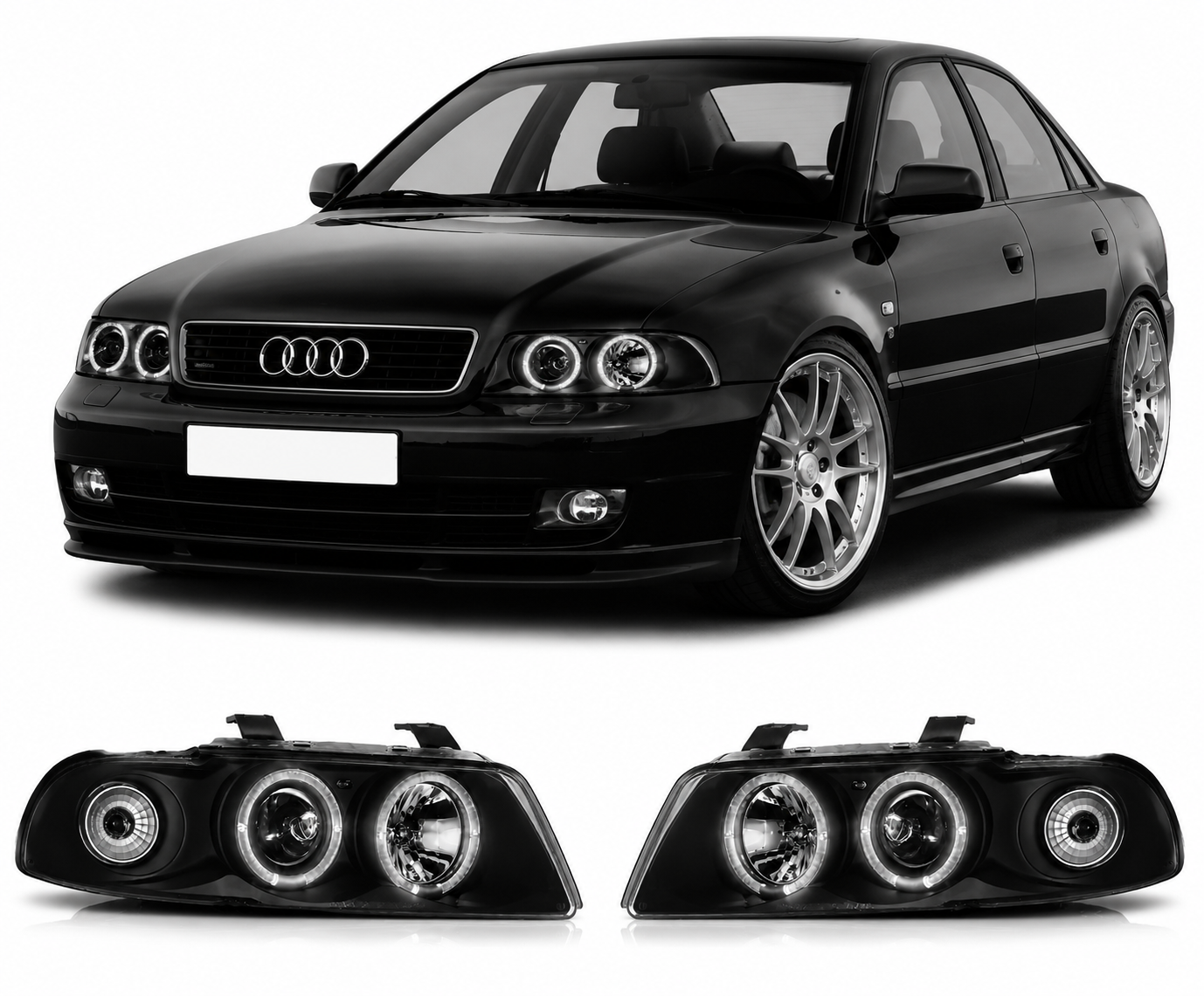 💕 Fari Anteriori Adatto per Audi A4 B5 1994-1998 Angel Eyes Nero 💕