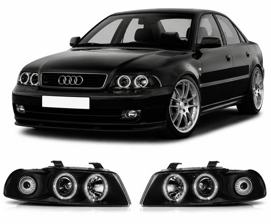 💕 Fari Anteriori Adatto per Audi A4 B5 1994-1998 Angel Eyes Nero 💕