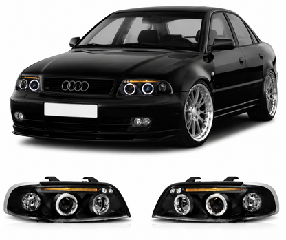 💕 Fari Anteriori Adatto per Audi A4 B5 1994-1998 Angel Eyes Nero 💕