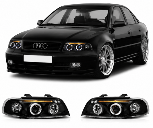 💕 Fari Anteriori Adatto per Audi A4 B5 1994-1998 Angel Eyes Nero 💕