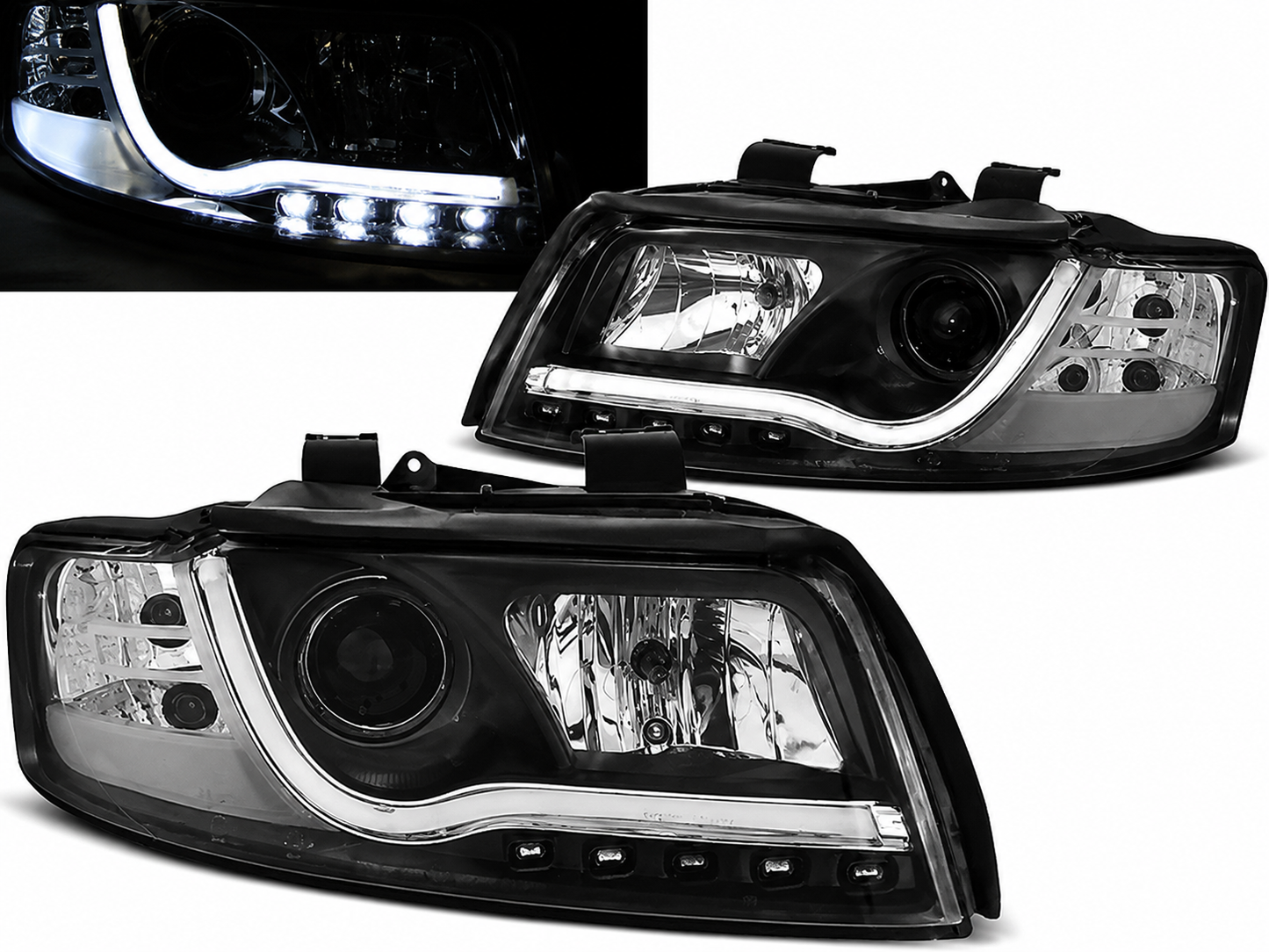 💕 Fari Anteriori Adatto per Audi A4 B6 2000-2004 Tube Light DRL Nero 💕