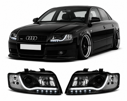 💕 Fari Anteriori Adatto per Audi A4 B6 2000-2004 Tube Light DRL Nero 💕