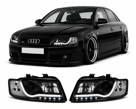 💕 Fari Anteriori Adatto per Audi A4 B6 2000-2004 Tube Light DRL Nero 💕