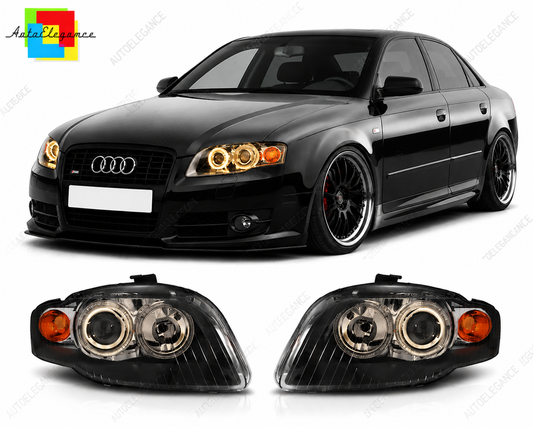 💕 Fari Anteriori Adatto per Audi A4 B7 2004-2008 Angel Eyes Nero 💕