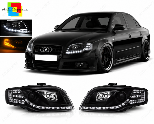 💕 Fari Anteriori Adatto per Audi A4 B7 2004-2008 Tube Light Nero LED 💕