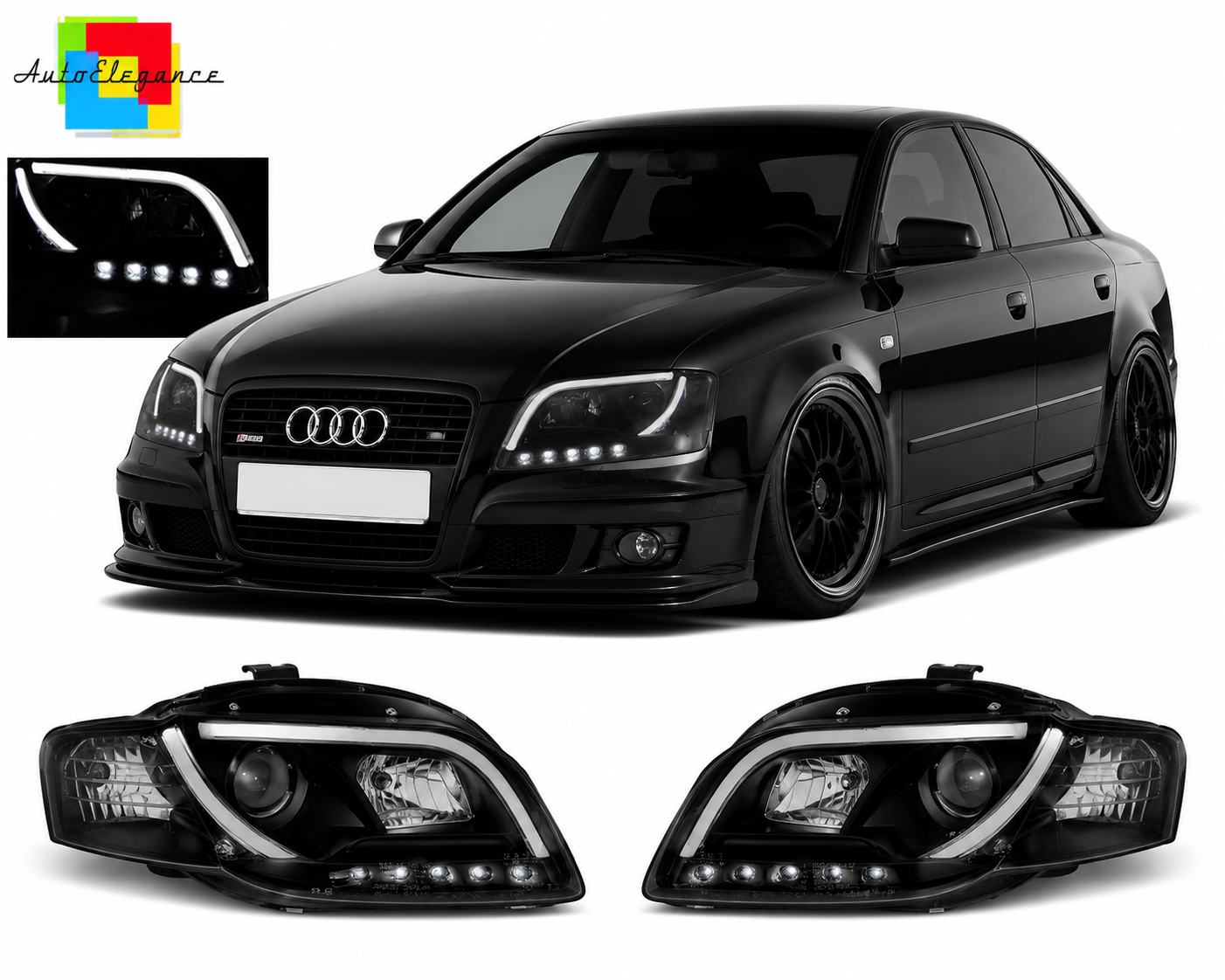 💕 Fari Anteriori Adatto per Audi A4 B7 2004-2008 Tube Light DRL Nero 💕