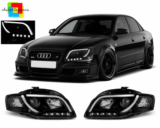 💕 Fari Anteriori Adatto per Audi A4 B7 2004-2008 Tube Light DRL Nero 💕