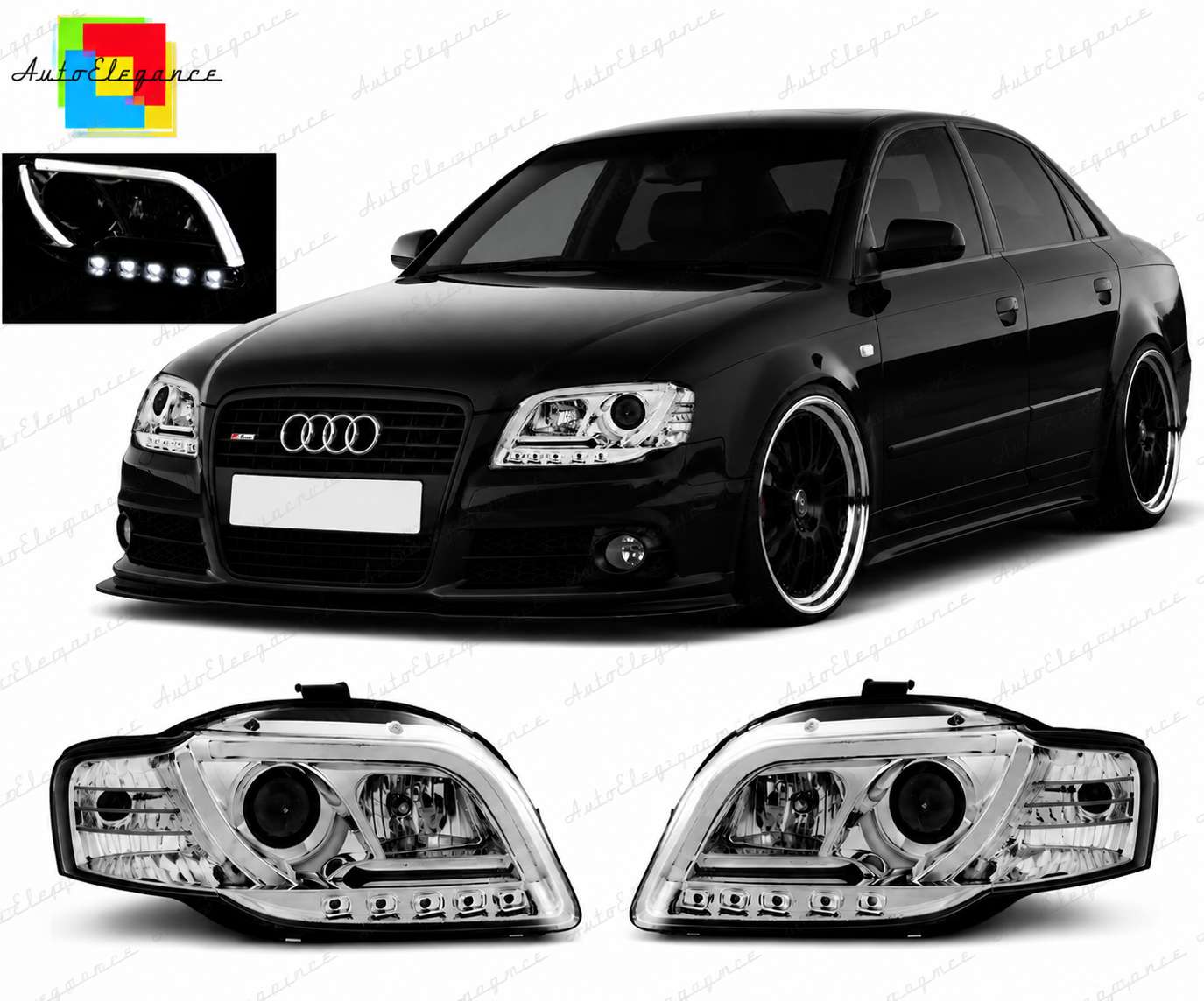 💕 Fari Anteriori Adatto per Audi A4 B7 2004-2008 Tube Light DRL Cromato 💕
