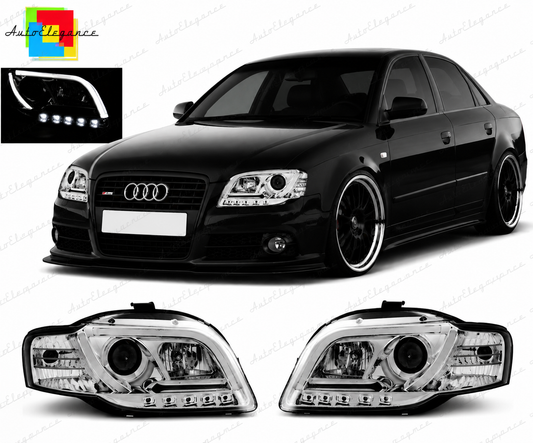 💕 Fari Anteriori Adatto per Audi A4 B7 2004-2008 Tube Light DRL Cromato 💕