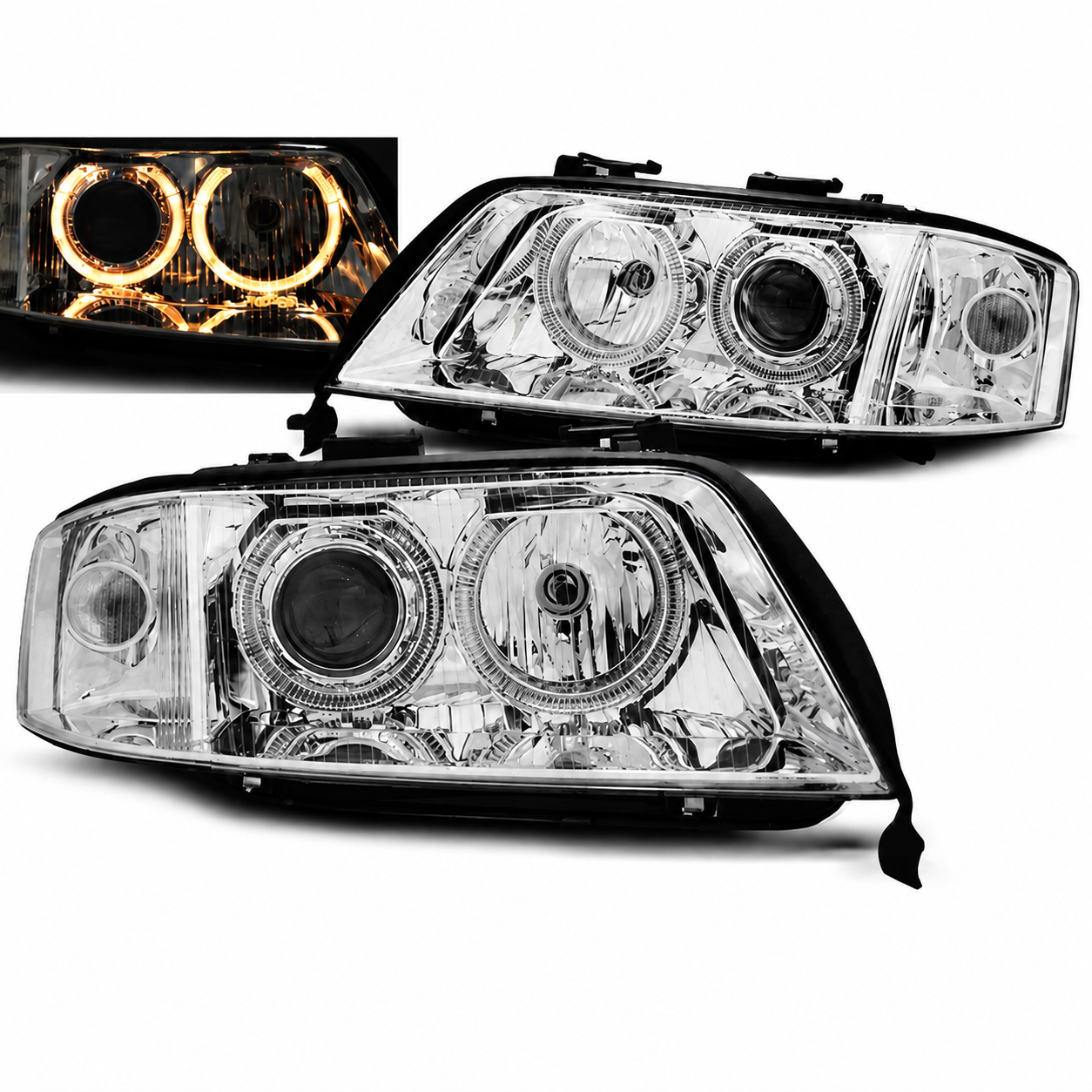 💕 Fari Anteriori Adatto per Audi A6 2001-2004 Xenon Angel Eyes Cromato 💕
