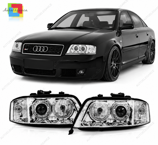 💕 Fari Anteriori Adatto per Audi A6 2001-2004 Xenon Angel Eyes Cromato 💕