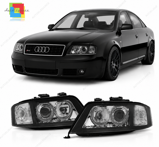 💕 Fari Anteriori Adatto per Audi A6 2001-2004 Xenon Angel Eyes Nero 💕