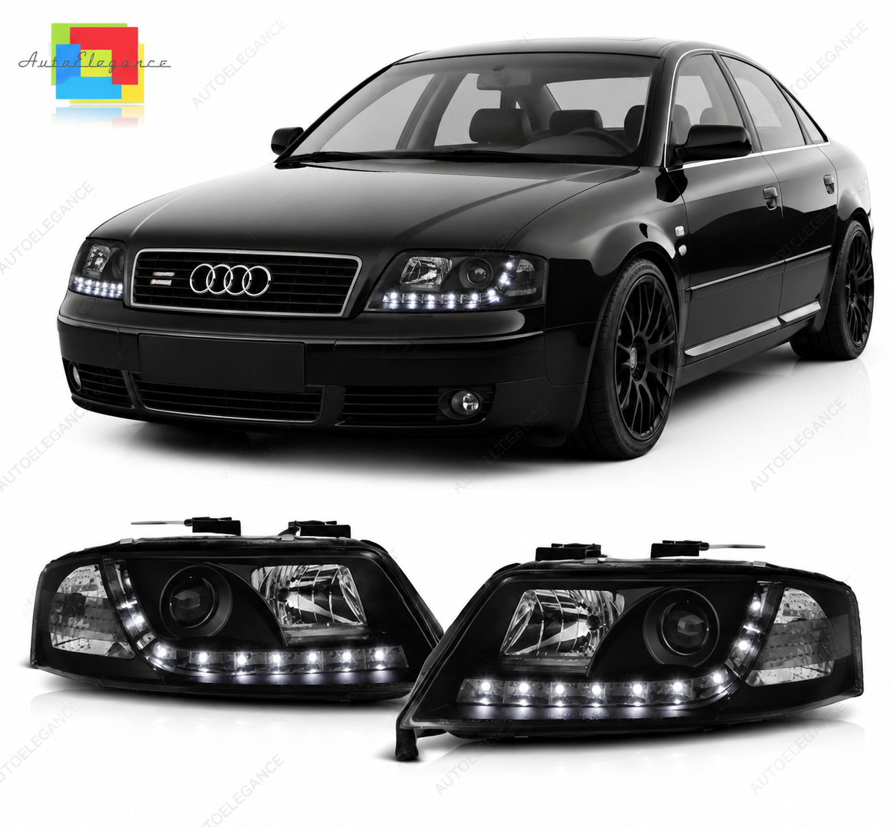 💕 Fari Anteriori Adatto per Audi A6 C5 2001-2004 Daylight Nero LED 💕