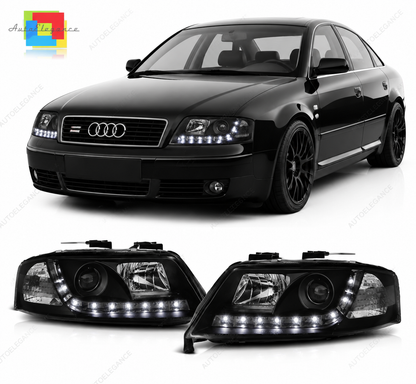💕 Fari Anteriori Adatto per Audi A6 C5 2001-2004 Daylight Nero LED 💕