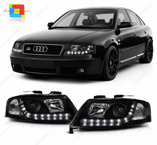 💕 Fari Anteriori Adatto per Audi A6 C5 2001-2004 Daylight Nero LED 💕