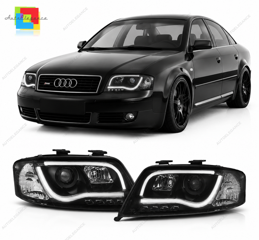 💕 Fari Anteriori Adatto per Audi A6 C5 2001-2004 Tube Light Nero 💕