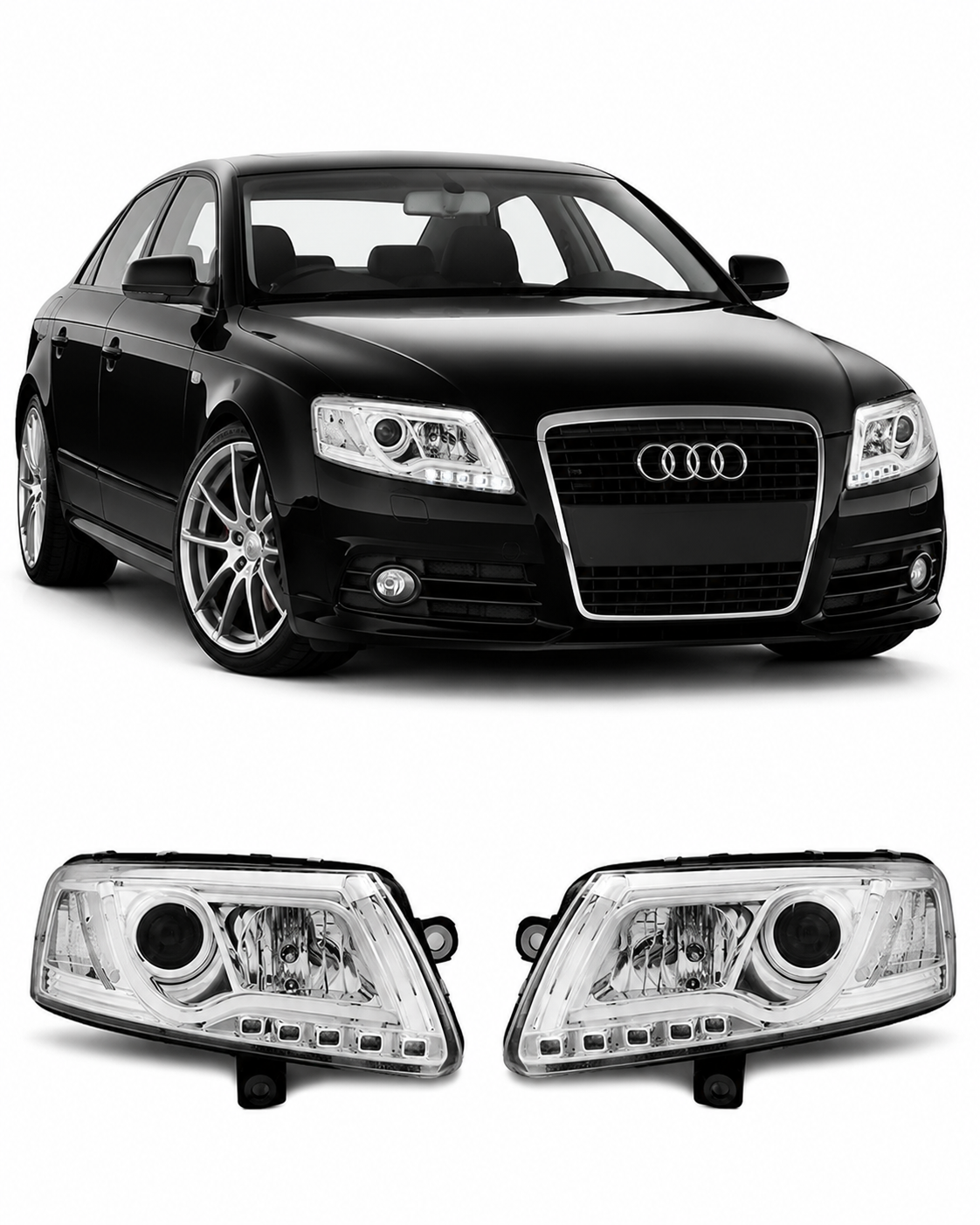 💕 Fari Anteriori Adatto per Audi A6 C6 2004-2008 Xenon Tube Light DRL Cromato 💕