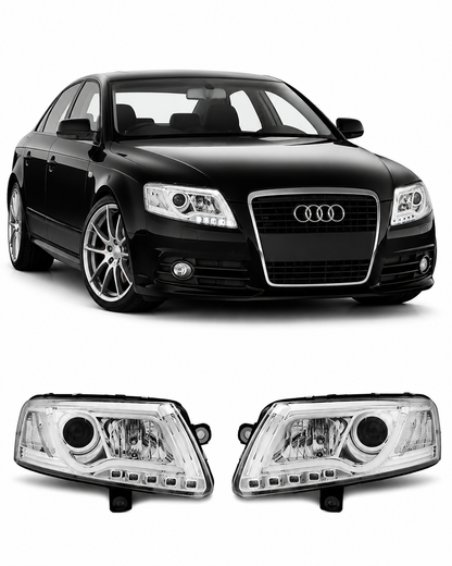 💕 Fari Anteriori Adatto per Audi A6 C6 2004-2008 Xenon Tube Light DRL Cromato 💕