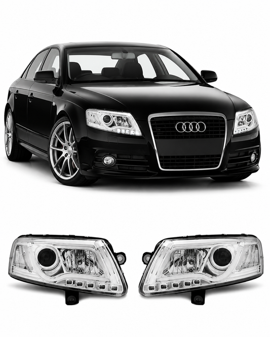 💕 Fari Anteriori Adatto per Audi A6 C6 2004-2008 Xenon Tube Light DRL Cromato 💕