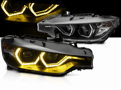 💕 Fari Anteriori Adatto per BMW F30 F31 11-15 Angel Eyes LED DRL Gialli Neri 💕