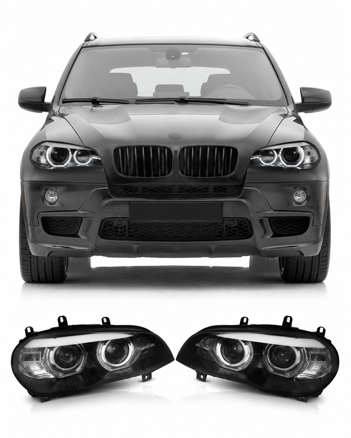 💕 Fari Anteriori Adatto per BMW X5 E70 07-10 Xenon DRL Angel Eyes Neri 💕