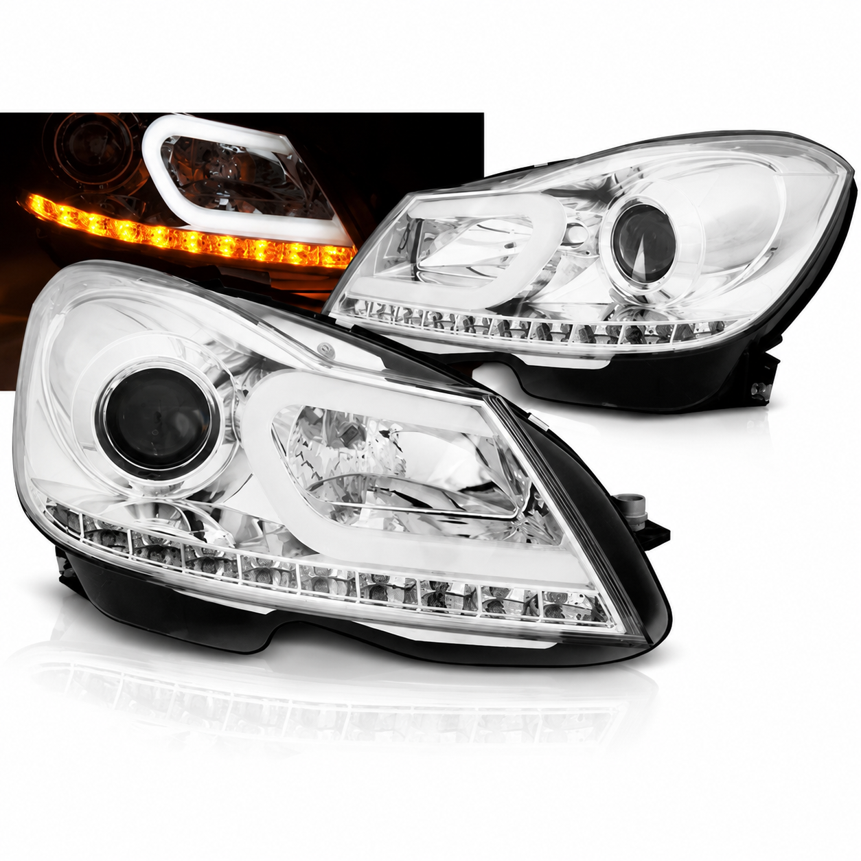 💕 Fari Anteriori Adatto per MERCEDES W204 11-14 Tube Light Cromati 💕