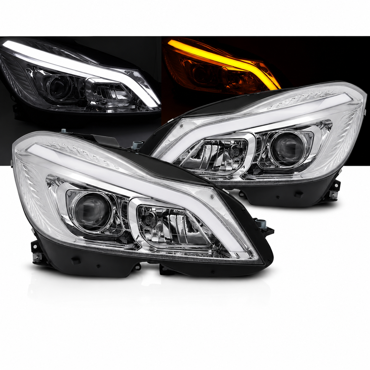 💕 Fari Anteriori Adatto per MERCEDES W204 11-14 Tube LED DRL Cromati 💕